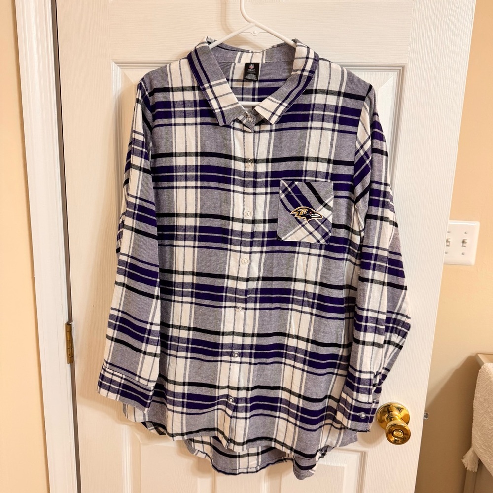NFL Team Apparel Baltimore Ravens Purple Plaid Button-Up Flannel Shirt Size L